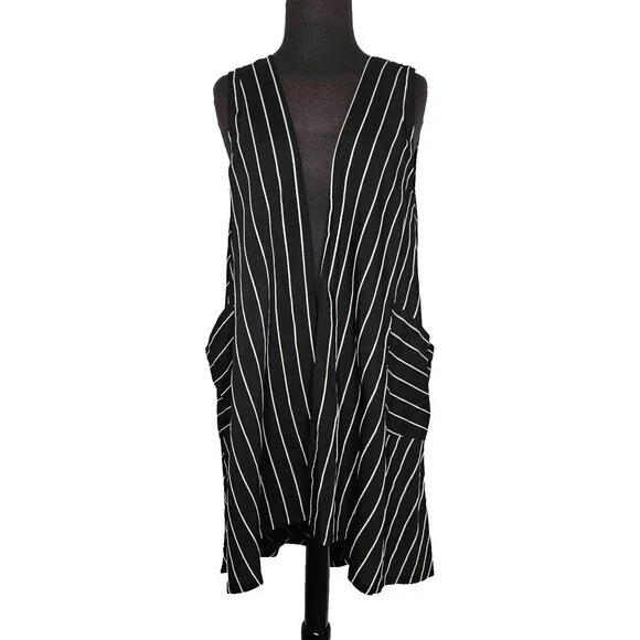 PATRIZIA LUCA Longline Asymmetric Vest Small Medium Black White Stripe Lagenlook