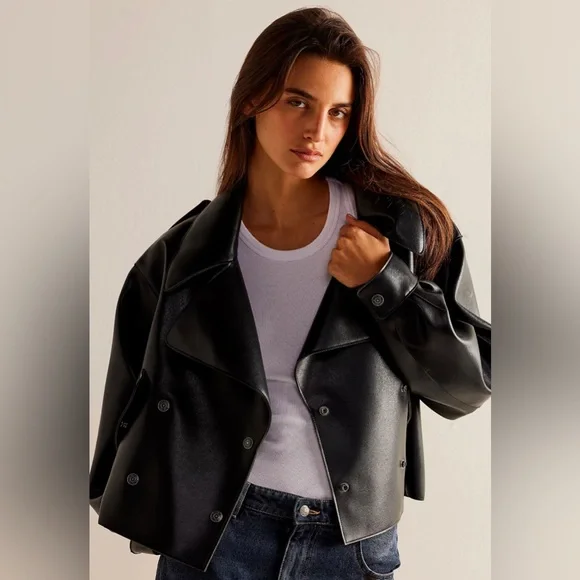 NWT Free People x We The Free Black Alexis Vegan Leather Moto Jacket size Large