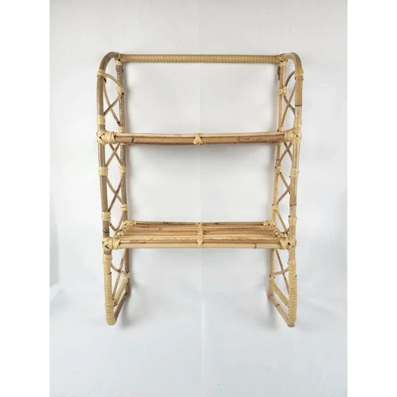 Vintage Rattan Wall Shelf 24x18 Hanging Bamboo Wicker Boho Coastal Decor Rack
