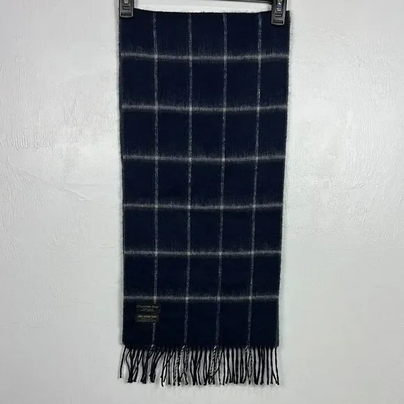 Christian Dior Monsieur Merino Wool Windowpane Fringe Trim Scarf