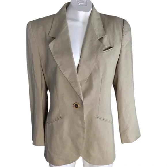 Kasper Tan Linen Blend Blazer with Notched Lapel Structured Shoulders size 10