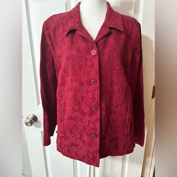 Appleseed’s Red Wine Buttoned Jacket Plus Size 18 Petite Jaquard Pattern Stretch