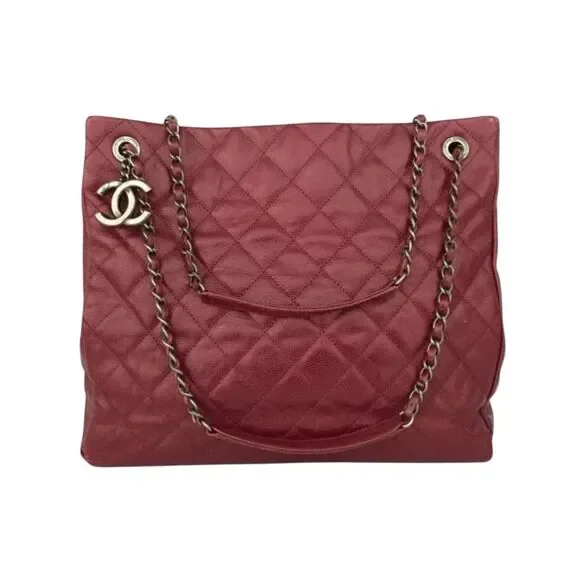 Auth Chanel Quilted Matelasse CC Charm Caviar City Shopper Tote Bag Bordeaux