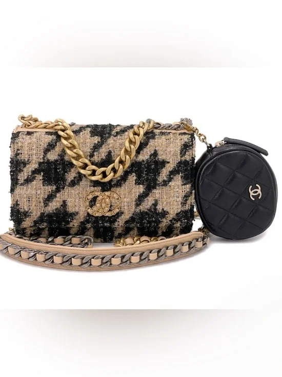 Authentic Chanel 19 CC Round Diamond Quilted Coin Pouch / Bag Charm