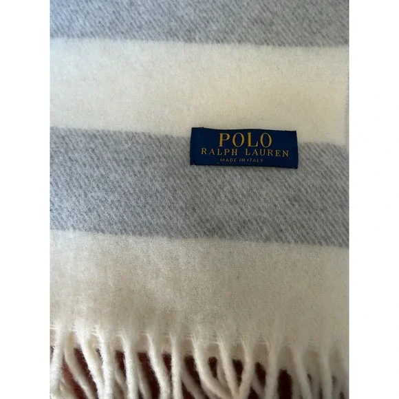 Polo Ralph Lauren Scarf Made in Italy Wool Striped Grey Cream Pony Logo Fringe