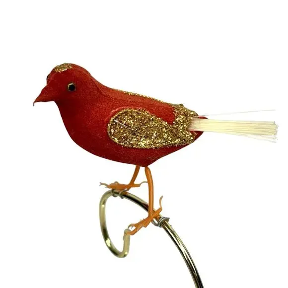 VTG 10 Mid Century Modern Red Gold Glitter Flocked Bird Christmas Tree Ornaments