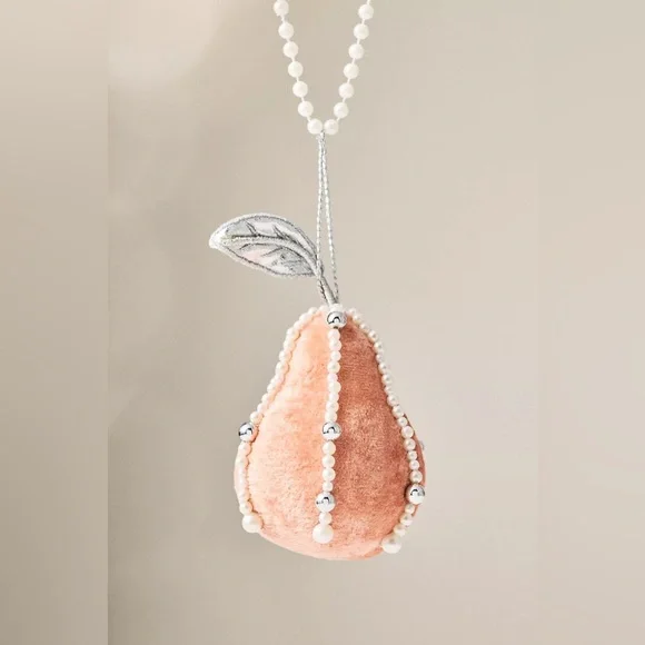 Anthropologie Pear Pearled Velvet Fruit Ornament NWT Light Pink NWT