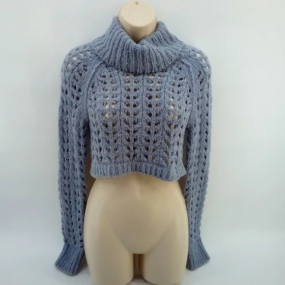 Free People Cropped Gray Open Knit Ribbed Cotton Blend Turtleneck XS