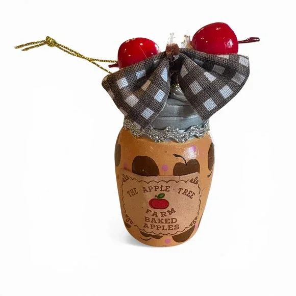 Kurt Adler Vintage Farm Baked Apples‎ Jar Christmas Ornament Gingham Bow