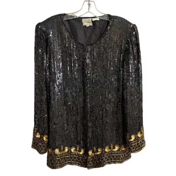 VTG STENAY 100% Silk All Over Sequin Beaded Formal Jacket in Black & Gold SZ L