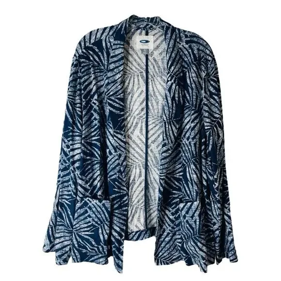 Old Navy blue white palm tropical linen lightweight open jacket XXL