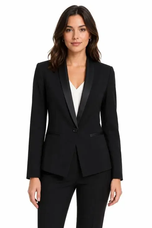 LOFT Black Tuxedo Blazer Jacket Petite 2P Satin Trim Career Formal