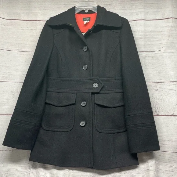 J Crew Factory Black Wool Blend Trench Peacoat size 6