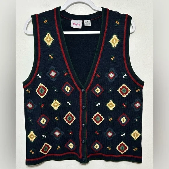 Vintage Embroidered Knit Sweater Vest Grandma Cottagecore Teacher Librarian