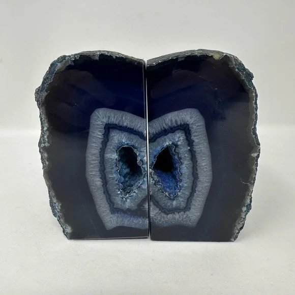 Blue Agate‎ Geode Natural Stone Bookends Pair Polished Crystal Home Decor Desk