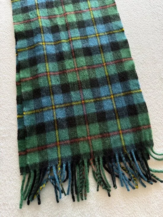 Moon Merino Lambswool Fringed Tartan Scarf Blue Green Black Plaid 11x54