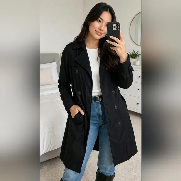 Gap Black Double Breasted Trench Coat Mid Length Lightweight Classic Chic Small