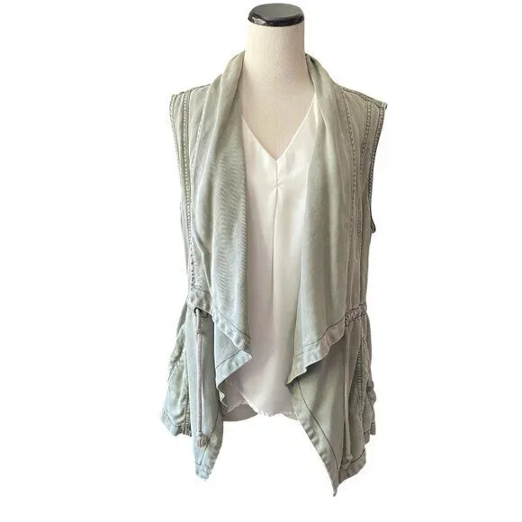 Max Jeans Green Military Drawstring Waist Waterfall Open Front Vest - Size Small