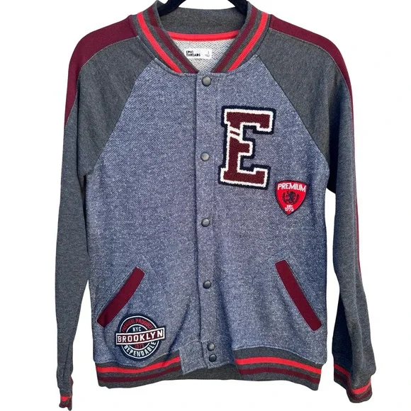 Epic Threads Womens L Varsity‎ Bomber Jacket Blue Gray Burgundy Snap Front NWOT