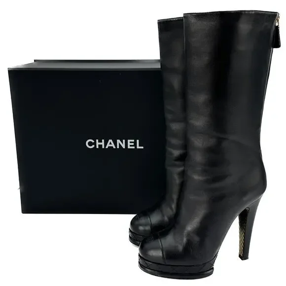 CHANEL Black Leather CC Cap Toe Quilter Platform Heel Boots IT 36