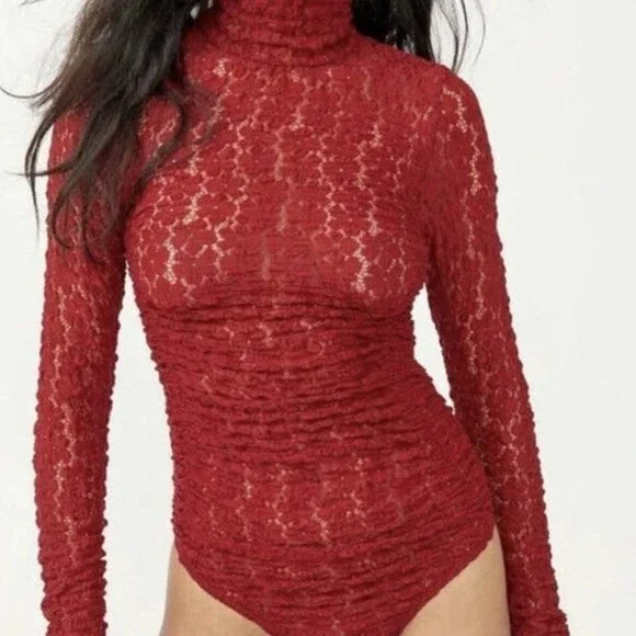 Free People Day & Night Lace Bodysuit Berry Wine Burgundy NWOT Size Medium