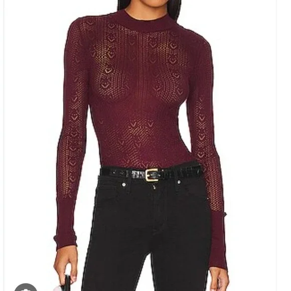 Free‎ People Sunday Best Bodysuit Acai Purple Pointelle Heart Mock Neck XS NEW