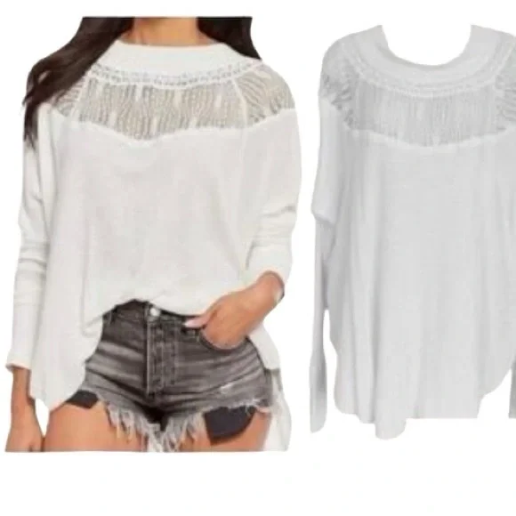 Free People - Spring Valley Long Sleeves Top | Women Small | Ivory Crotchet Lace