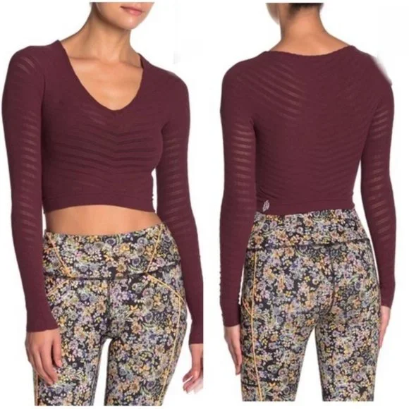 Free People Movement Gone Adrift Long Sleeve Shirt Red Crop Top Lounge Yoga XS