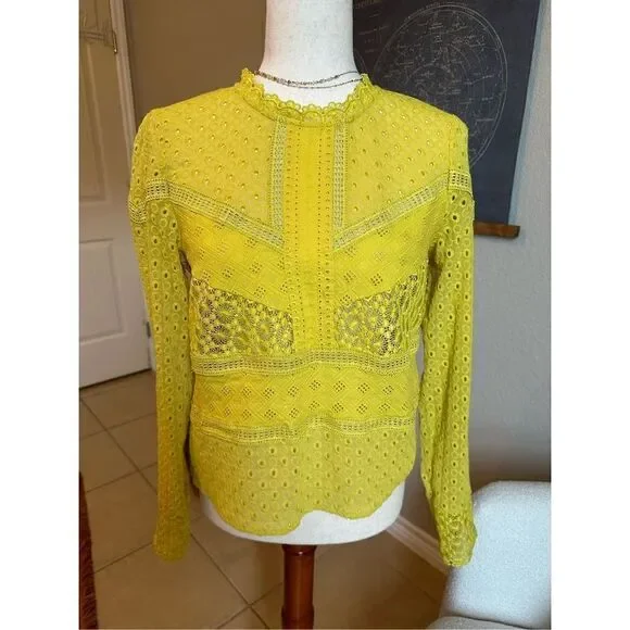 James Coviello Anthropologie Crochet Lace Yellow Long Sleeve Top Size S
