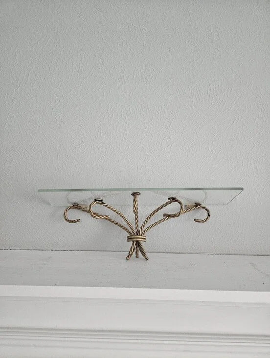 Vintage HOMCO Chateau Twisted Gold Brass Rope Decorative Wall Shelf With Glass