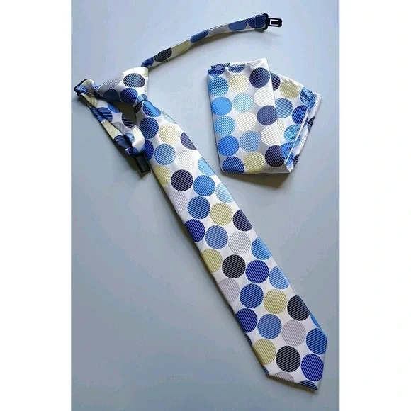 Boys‎ Easy Zipper Tie / Pocket Square Set (One Size) Polka Dots Circles Blues
