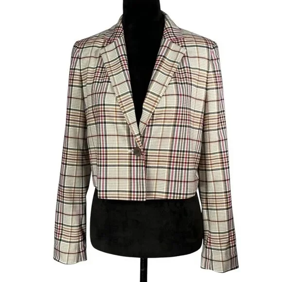 Leith Plaid Cropped Blazer White Tan Pink Red Women’s Jacket Tailored