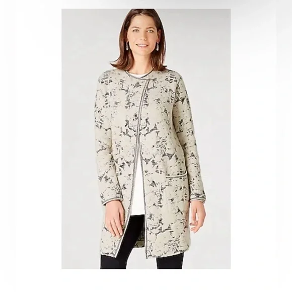 J. JILL White Gray Long Sleeve Jacquard Topper Longline Coat Jacket Size:Small