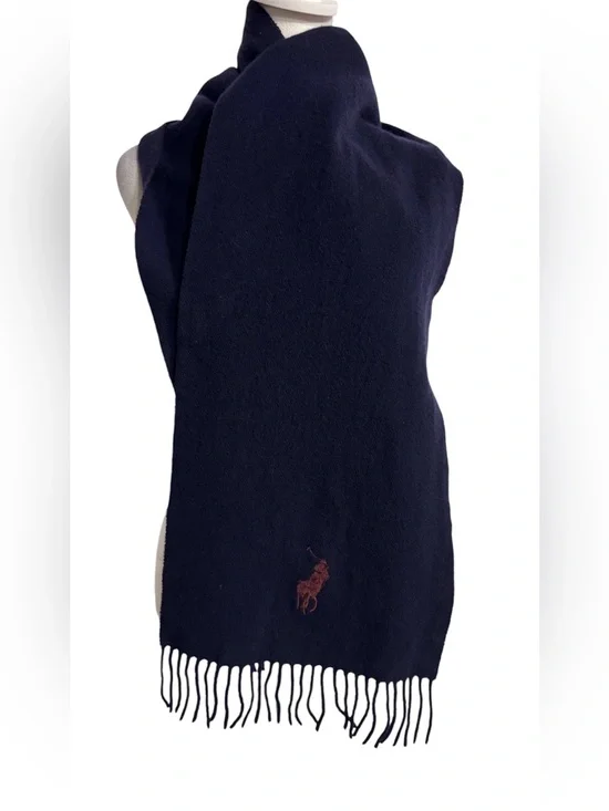 Ralph Lauren Dark Navy Wool Scarf with Embroidered Pony