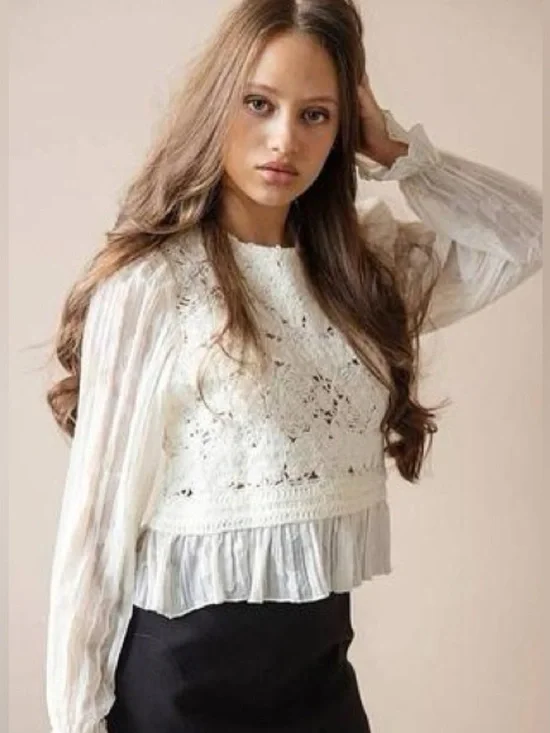 New ZARA Crochet Lace Long-Sleeve Peplum Hem Blouse