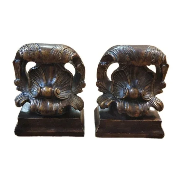 Set Of Two Resin High Bronze Shell Design Bookends Ornate Solid‎ Heavy