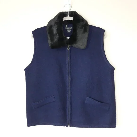 Vtg Faux Fur Detachable Collar Blue Wool Vest Large by Tally-Ho