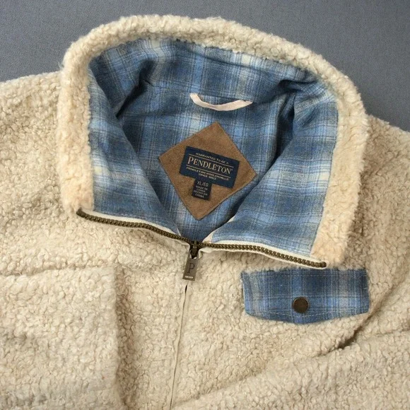 Pendleton Beige Sherpa Fleece Jacket Plaid Wool Lined Full Zip Warm Womens