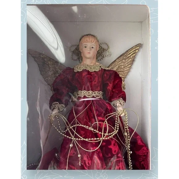 Victorian Angel Christmas Tree Topper Vintage Gold Wings Red Gown NIB