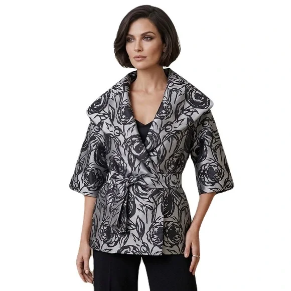 St. John Silver and Black Silk Blend Floral Wrap Belted Kimono Jacket, Size 6