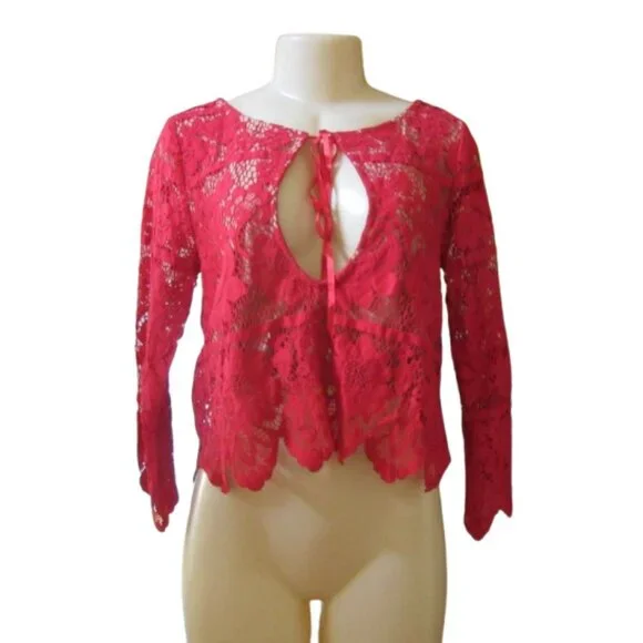 For Love and Lemons Gianna Lace Red Crop Top with Peep Hole Small