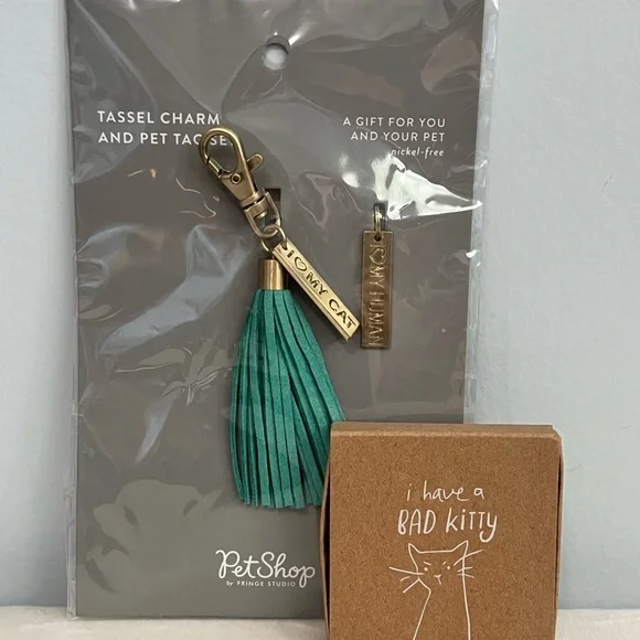 Fringe Studio Tassel Charm &Pet Tag Set With”I Have a Bad Kitty” Decorative Tray