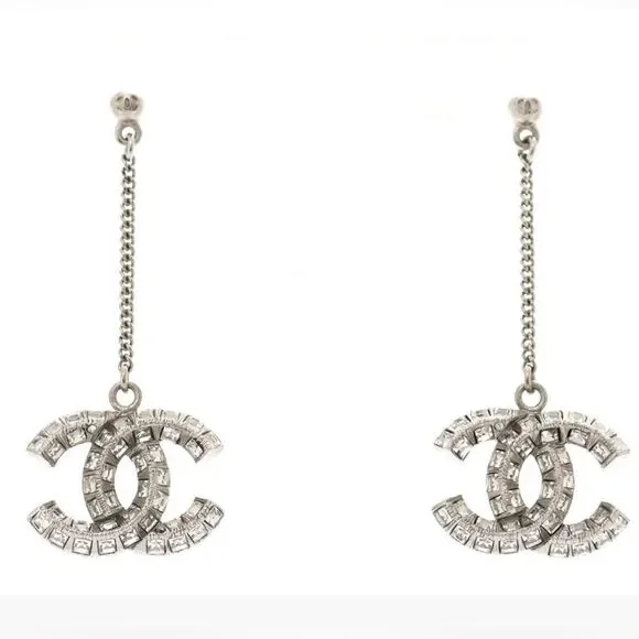 CHANEL Baguette Crystal CC Drop Earrings Silver