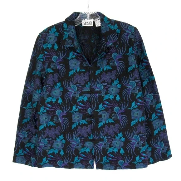 CHICO’S Japanese Asian Inspired Embroidered Silk Linen Blend Toggle Front Jacket