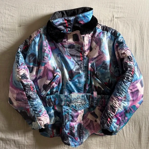 Vintage Polaris Snowmobile Puffer Jacket Thermoloft Abstract Map‎ Print