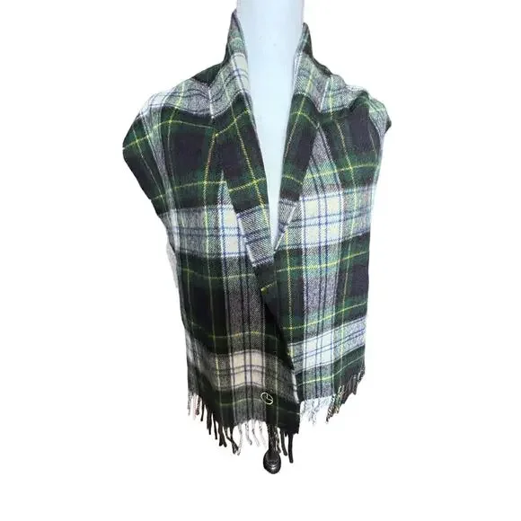 GoldLion 100% Wool Scarf‎ Made In Scotland Green White Plaid Fringe 56