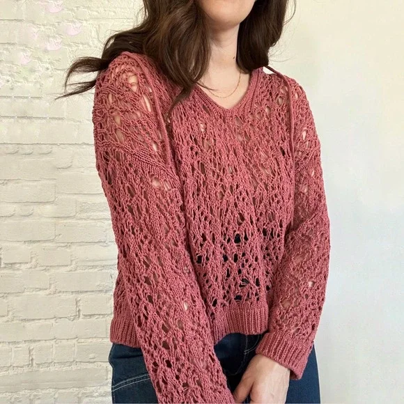 Zara Women's Pink Crochet Open Knit Hooded Sweatshirt‎ Size Small