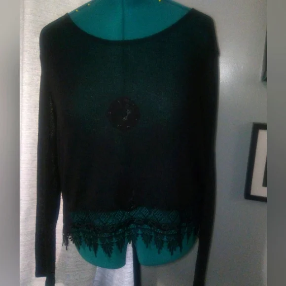 Divided H&M Cropped Long-Sleeved Knit Top w Embroidered Lace Detail Black Sz L