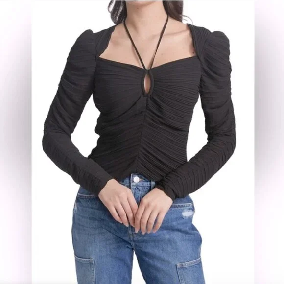 FRAME (NWT) Gathered Keyhole Tie Neck Top, Plissé-Crepe, Size L