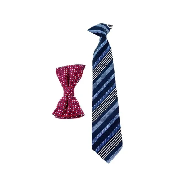 Boys 2 Piece Tie‎ Set Blue Striped Necktie Red Patterned Bow Formal Wear Clip